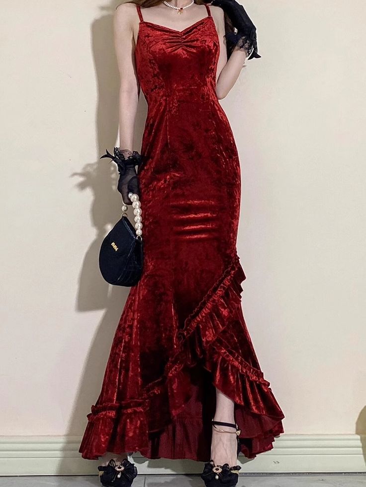 Beautiful Red Elegant Long Mermaid Slim Velvet Prom Dress nv4818