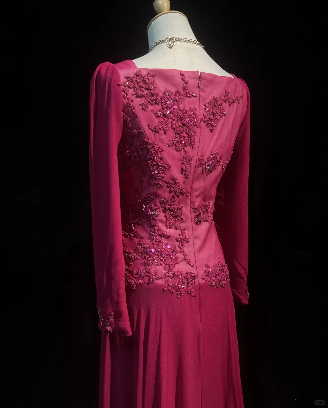 Square Neck Magenta Vintage Midi Prom Dress Long Sleeve Chiffon Lace Floral Appliques Beaded Formal Gown NV6902