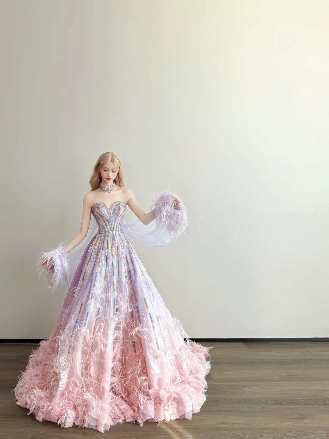 Ombre Pink Purple Feather Prom Gown Strapless Sweetheart Rhinestone Formal Dress NV7164