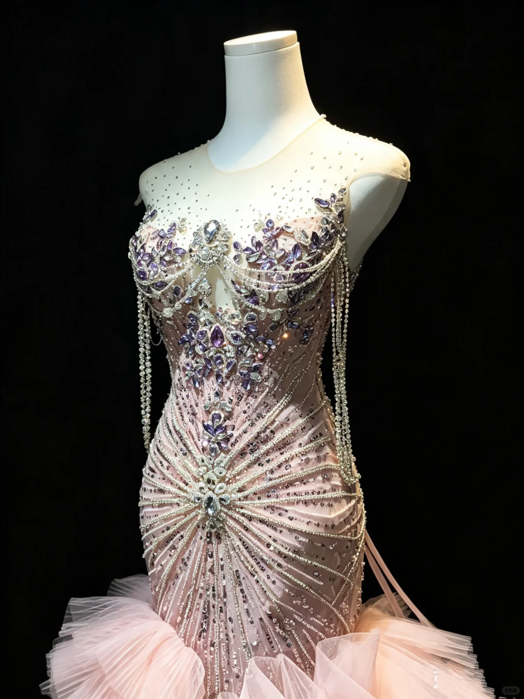 Sleeveless Dusty Pink Mermaid Prom Dress Rhinestone Beaded Tiered Ruffle Tulle Long Train Evening Gown NV6988