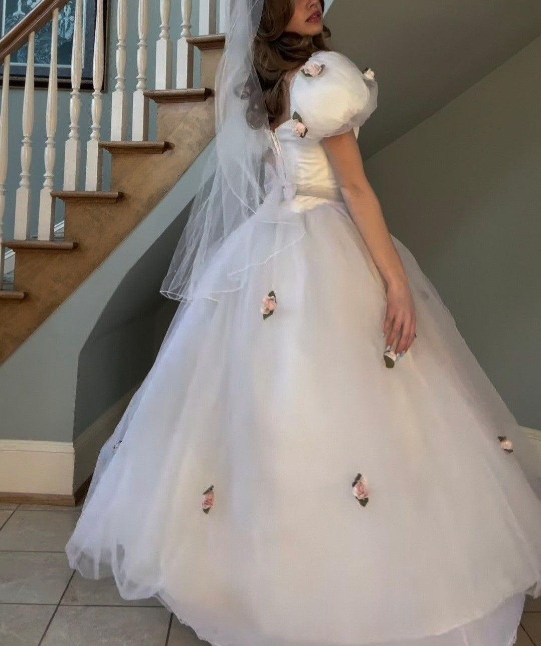 NiceVestidos--(Including veil)White pink floral princess tulle long ball gown simple wedding dress NV5828