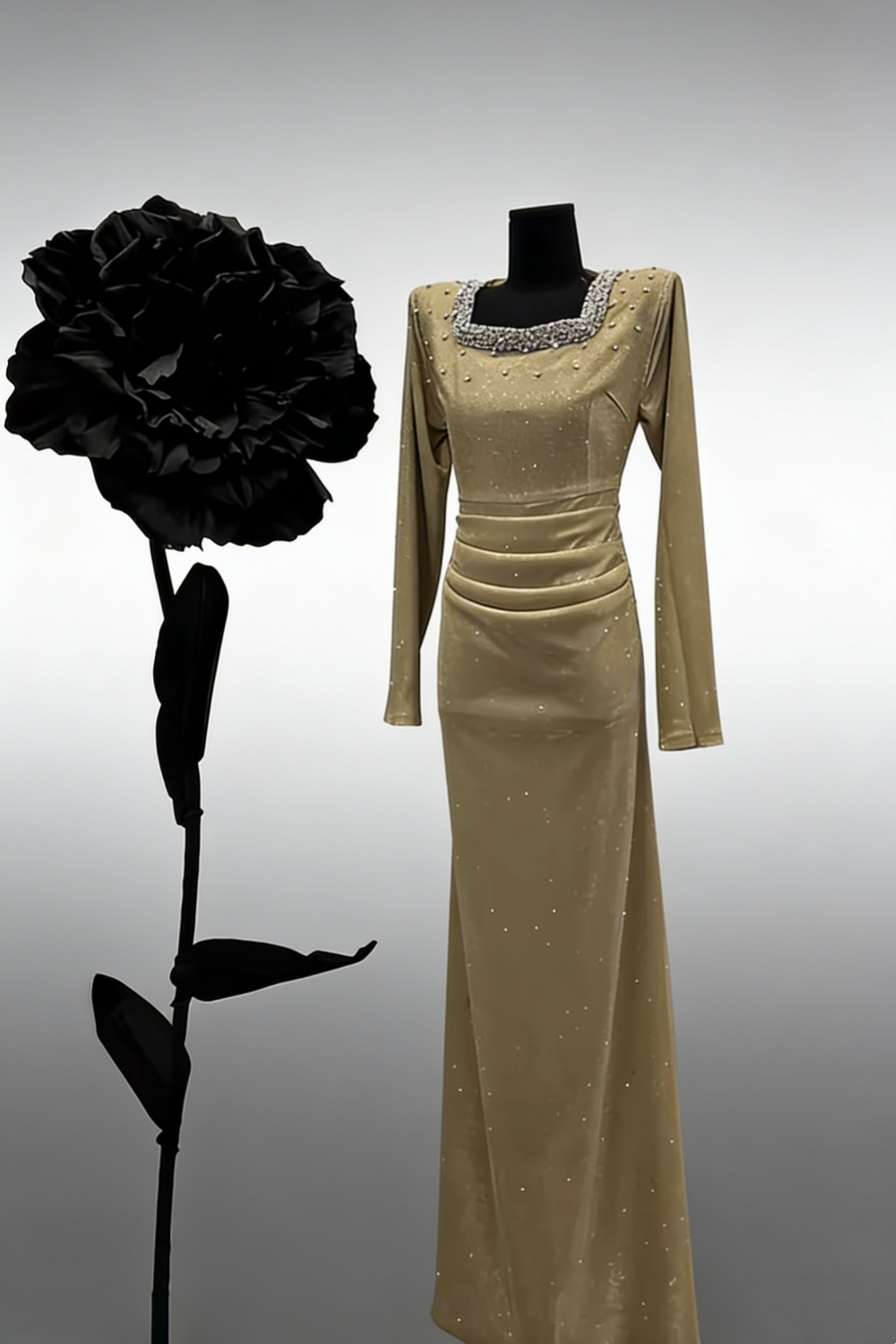 Champagne Gold Shimmer Square Neck Gown - Vintage Luxury Crystal Ruched Mermaid Maxi Dress NV6799