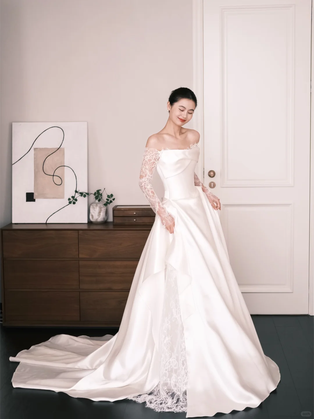 Off The Shoulder Satin Ballgown Wedding Dress Detachable Lace Sleeves Bridal Gown NV7205