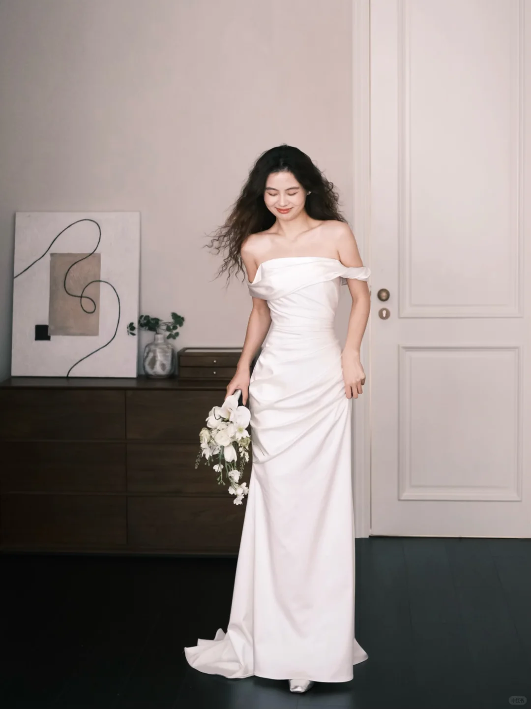 Off Shoulder Foldover Satin Mermaid Bridal Gown with Side Ruching NV7367