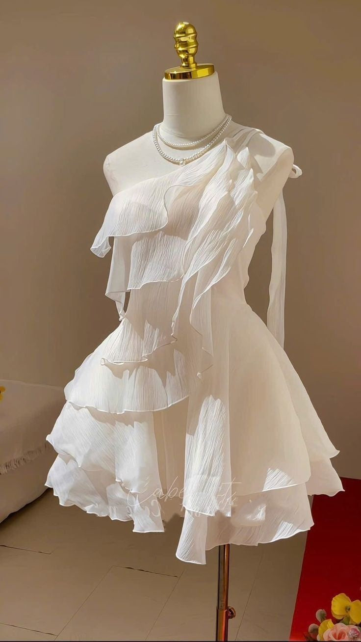 White chiffon ruffle short one shoulder off shoulder fashion homecoming dress birthday party dress nv5289