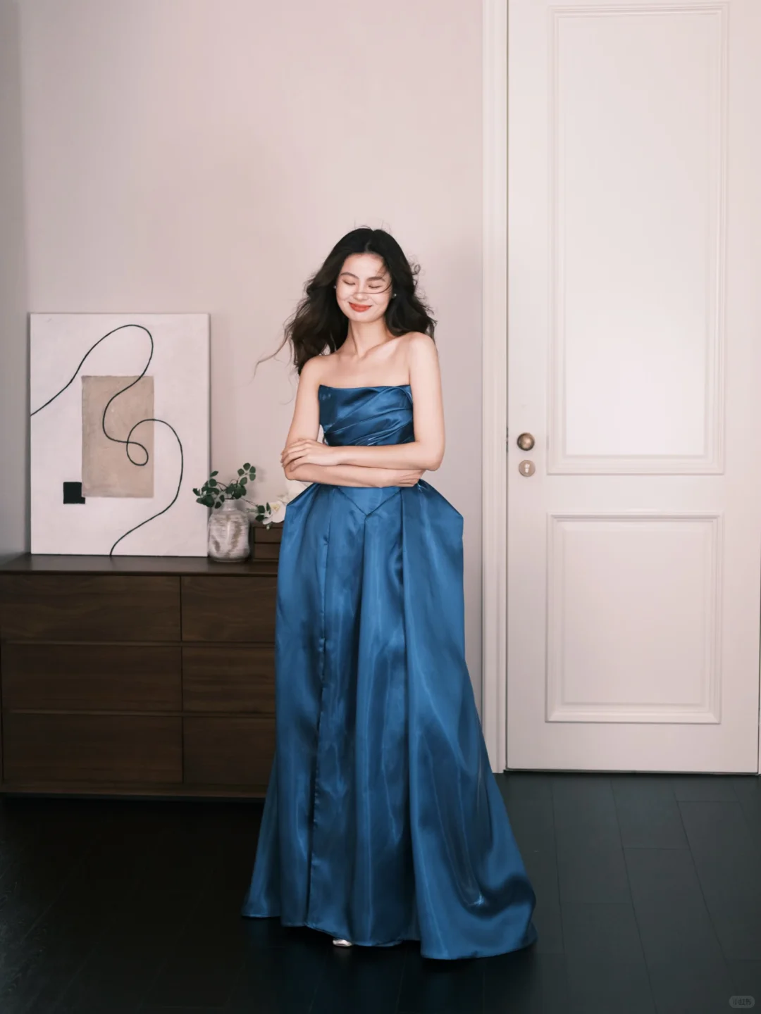Peacock Blue Strapless Satin High Slit Formal Prom Dress NV7310