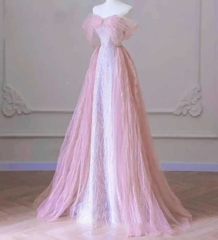 Light Pink Shiny Elegant Delicate Beaded Sweetheart Neck Long Tulle Sequin Ball Gown Evening Dress Party Dress nv3783