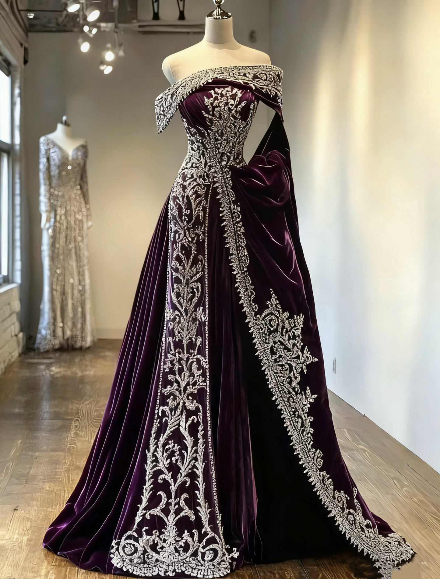 NiceVestidos – Lila langes Vintage-Samtkleid NV6039