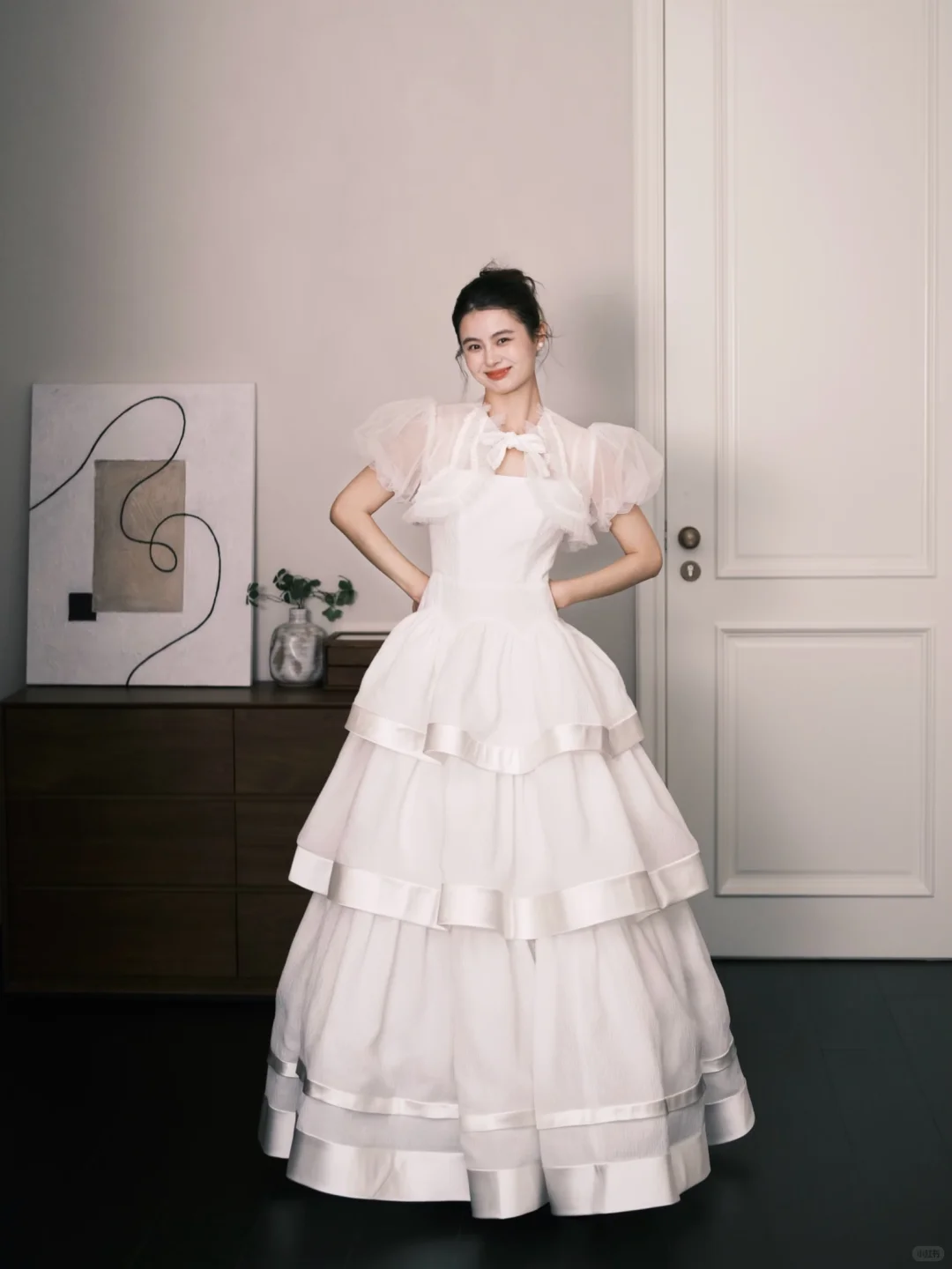 Square Neck Tiered Tulle Wedding Dress with Detachable Puff Sleeves NV7379