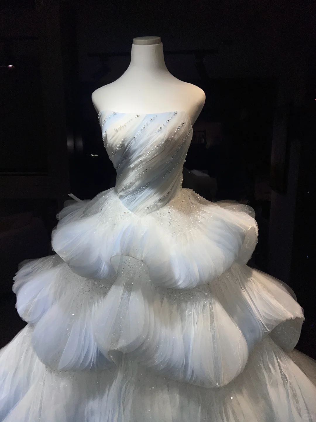 Light Blue Ombre Strapless Tulle Ball Gown, Beaded Tiered Cloud Ruffle Prom Dress NV7085