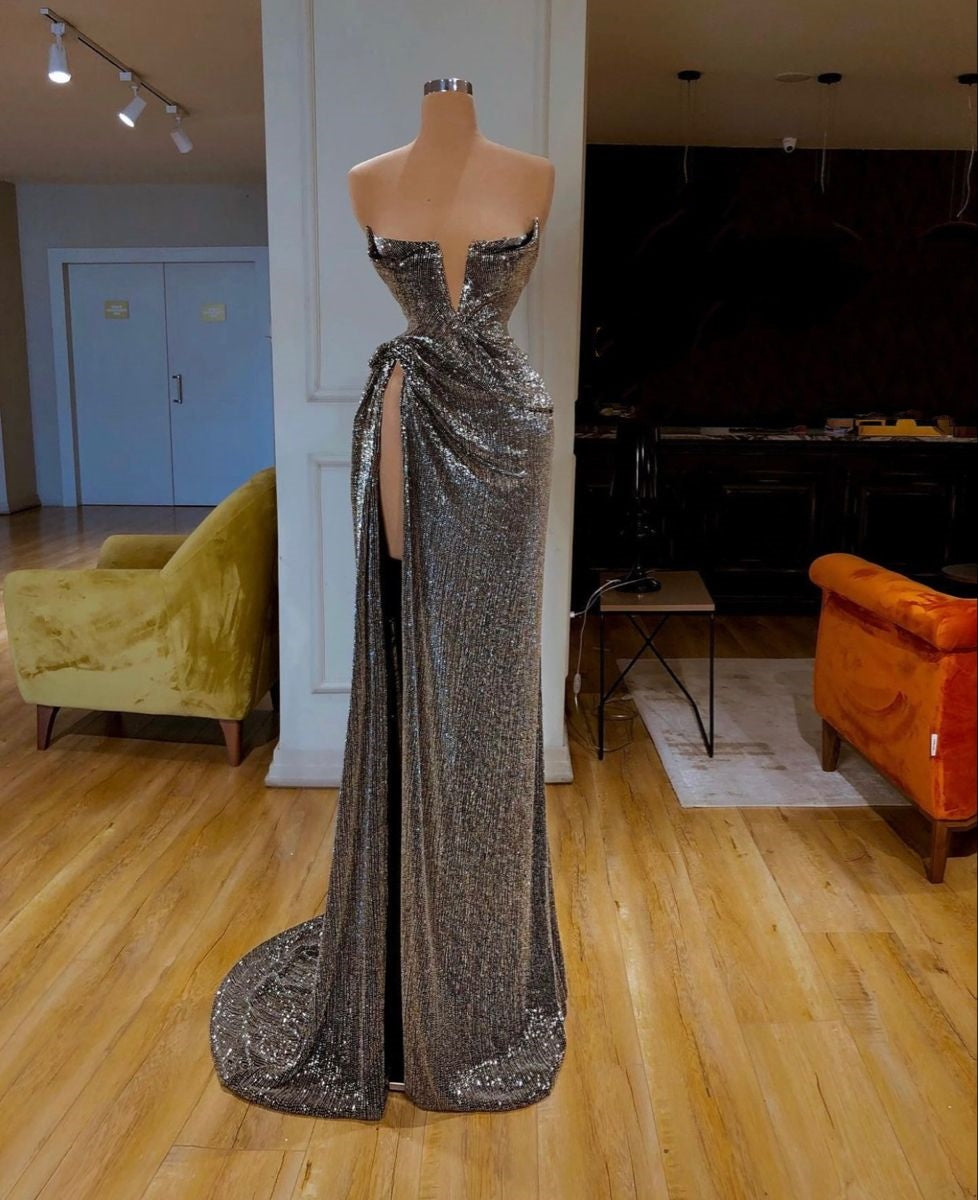 Champagner Gold Glänzend Sexy Elegante Meerjungfrau Bodycon Meerjungfrau Lange Bodenlangen Abendkleid Ballkleid Partykleid nv5113