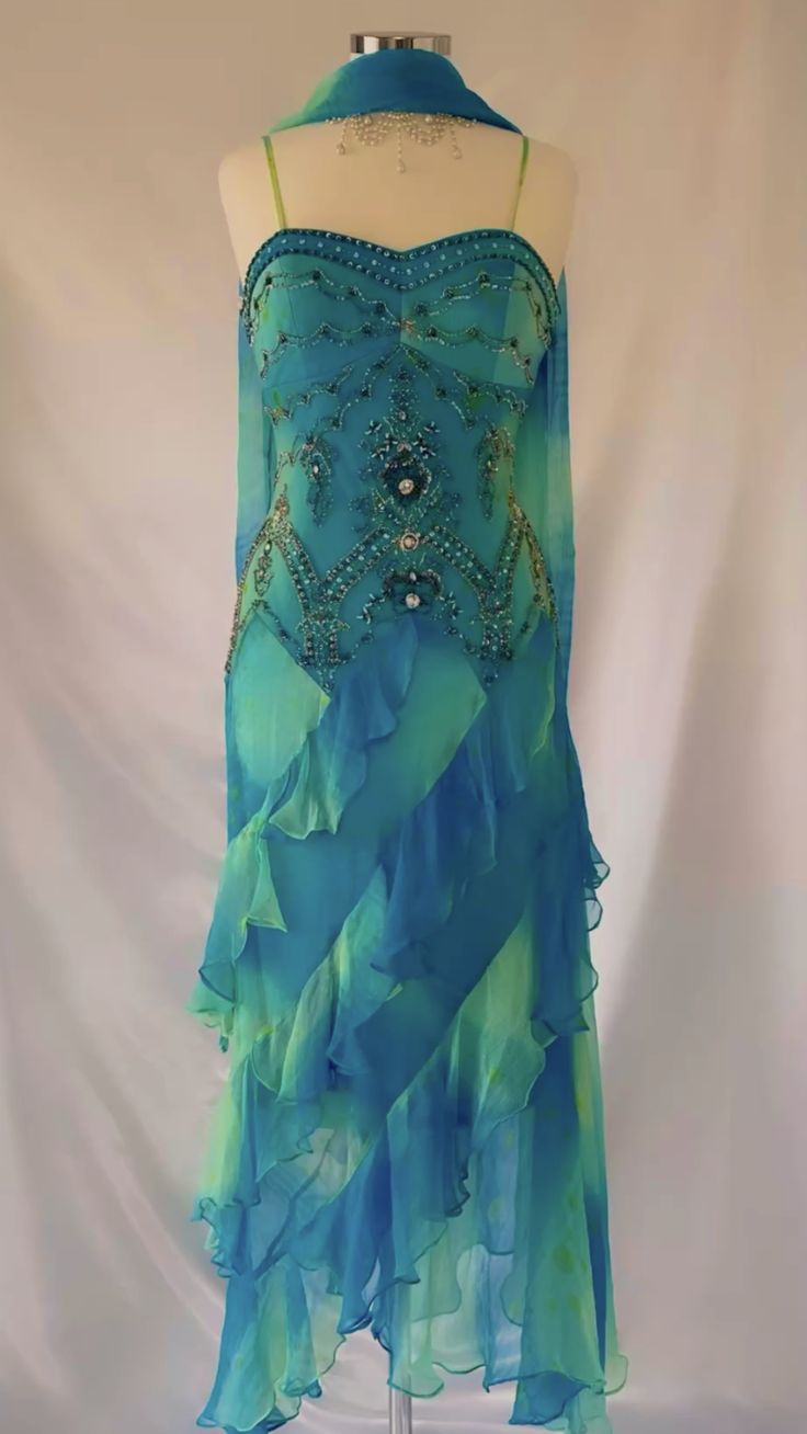 NiceVestidos--Short Blue Gradient Shiny Gorgeous Retro Fashion Exquisite Gemstone Beads Long Ankle Length Chiffon Ruffle Ball Dress Evening Dress Party Dress Prom Dress NV5709