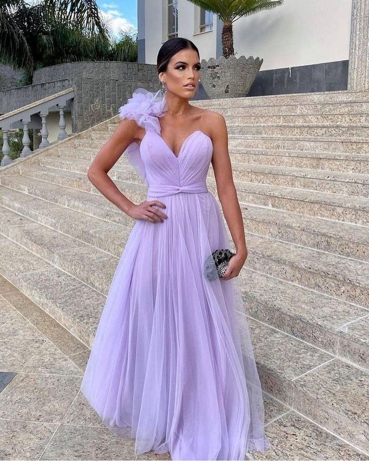 Light purple A-line floor-length tulle long prom dress evening gown bridesmaid dress nv11