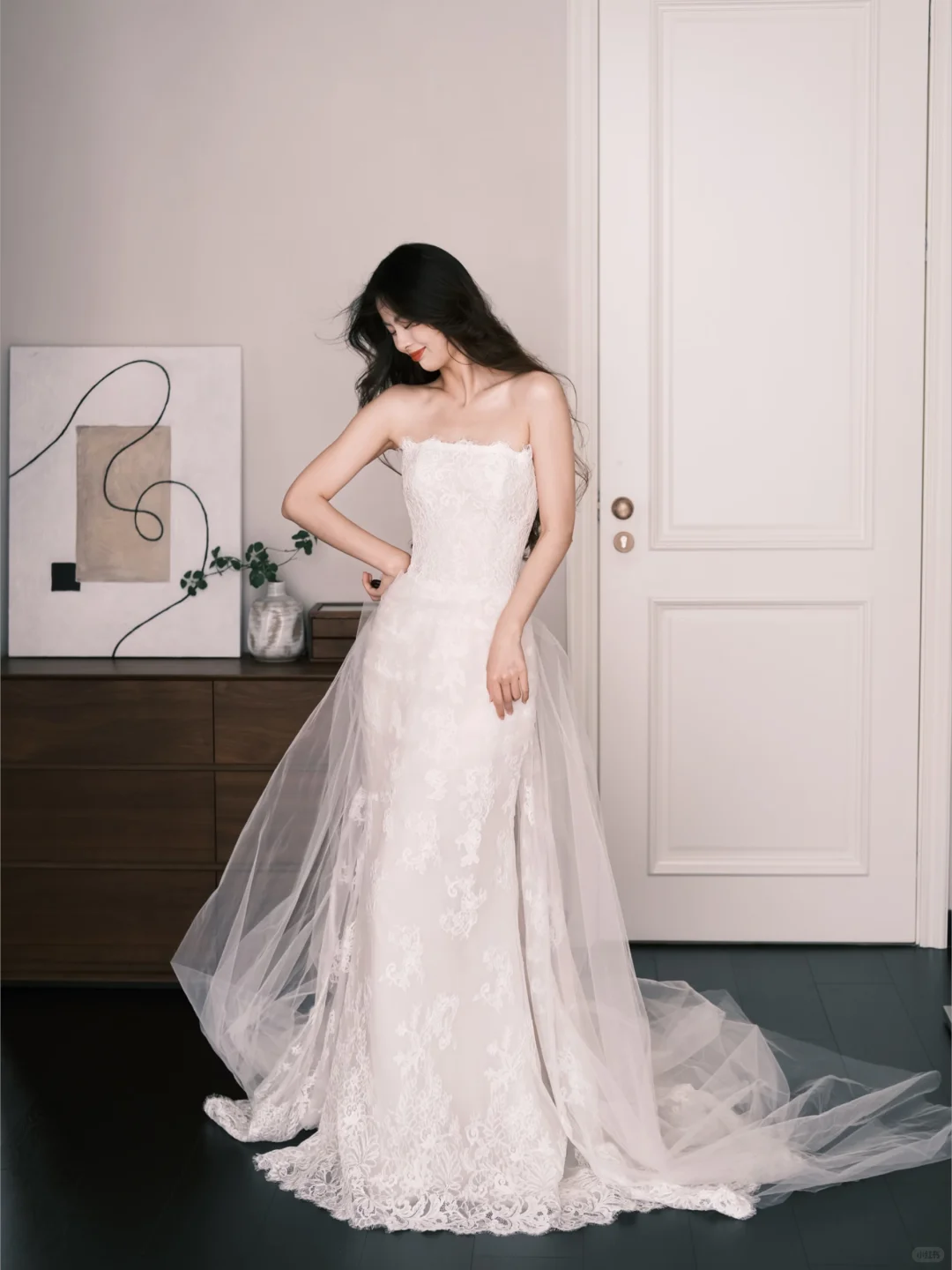 Strapless Lace Mermaid Wedding Dress Sheer Overskirt Bridal Gown NV7219