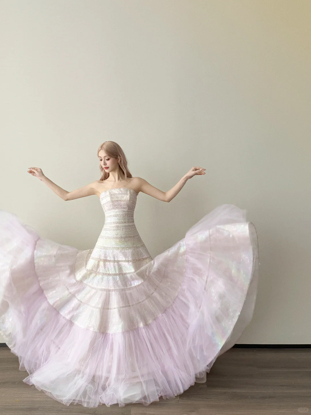 Pink Ombre Strapless Tiered Sequin Tulle Ball Gown Prom Dress NV7138