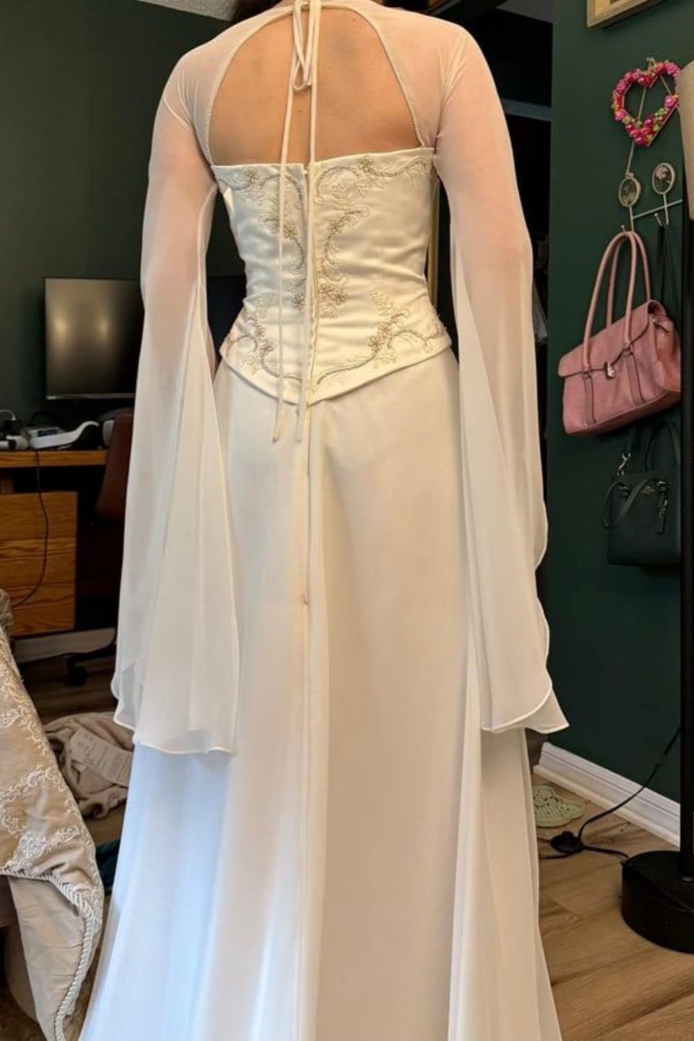 Elegant Retro Style Cream Satin Embroidered Halter Gown - Wedding Toast & Dinner Party Dress NV6388