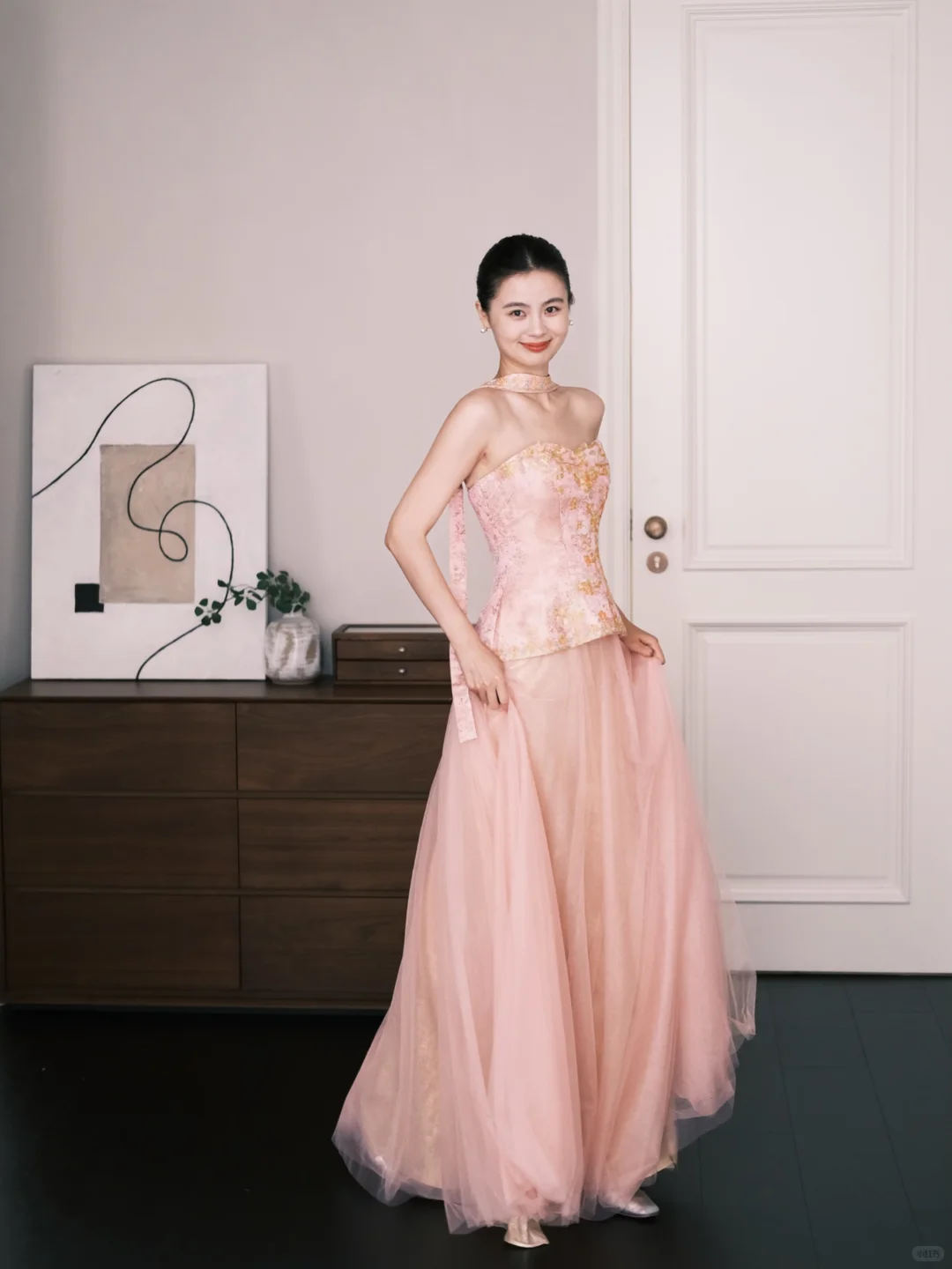 Blush Pink Two Piece Tulle Prom Dress Gold Floral Beaded Evening Gown NV7212