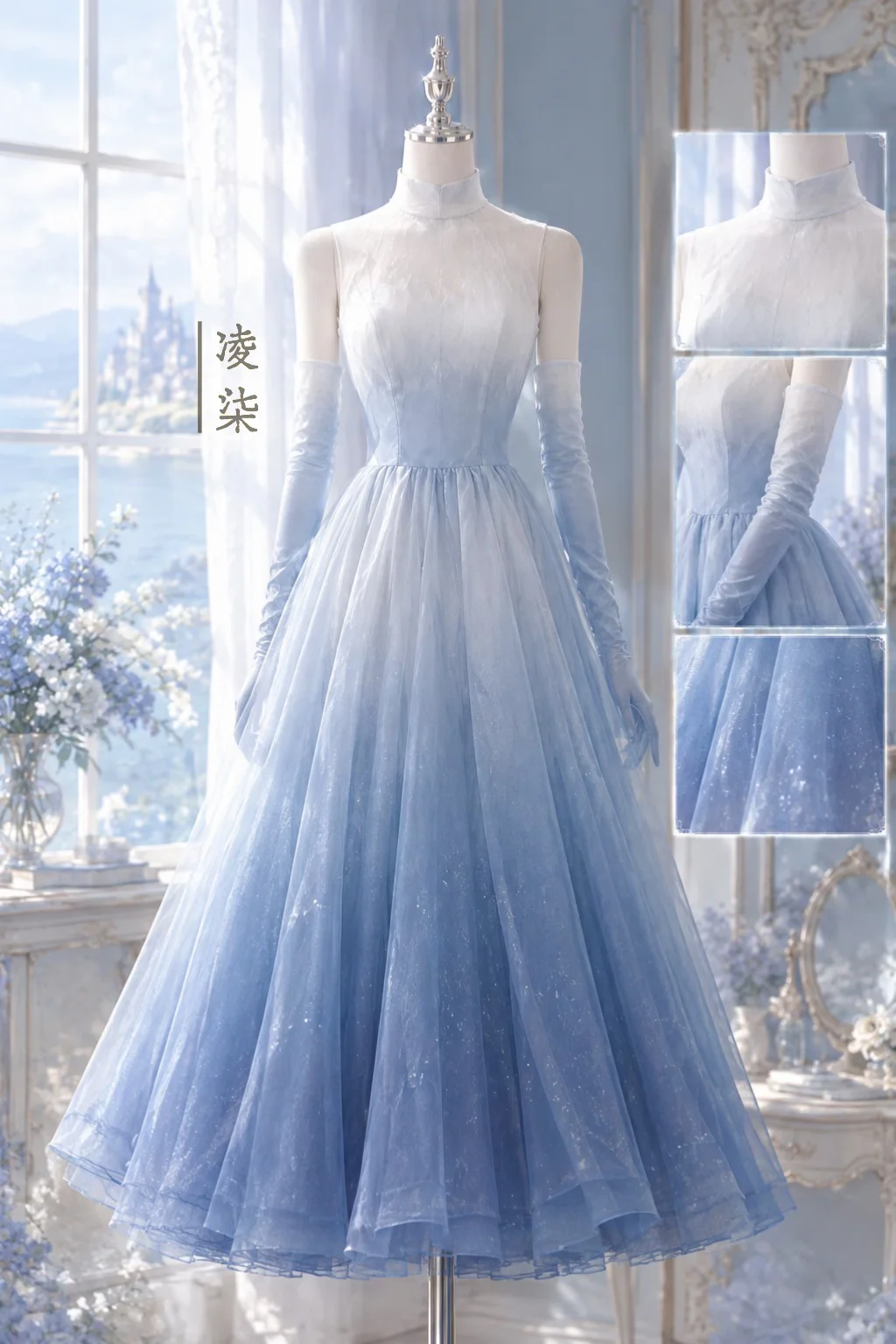 Ombre Blue High Neck Sparkly Tulle Prom Dress, Midi A-Line Gown with Long Sheer Gloves NV7442