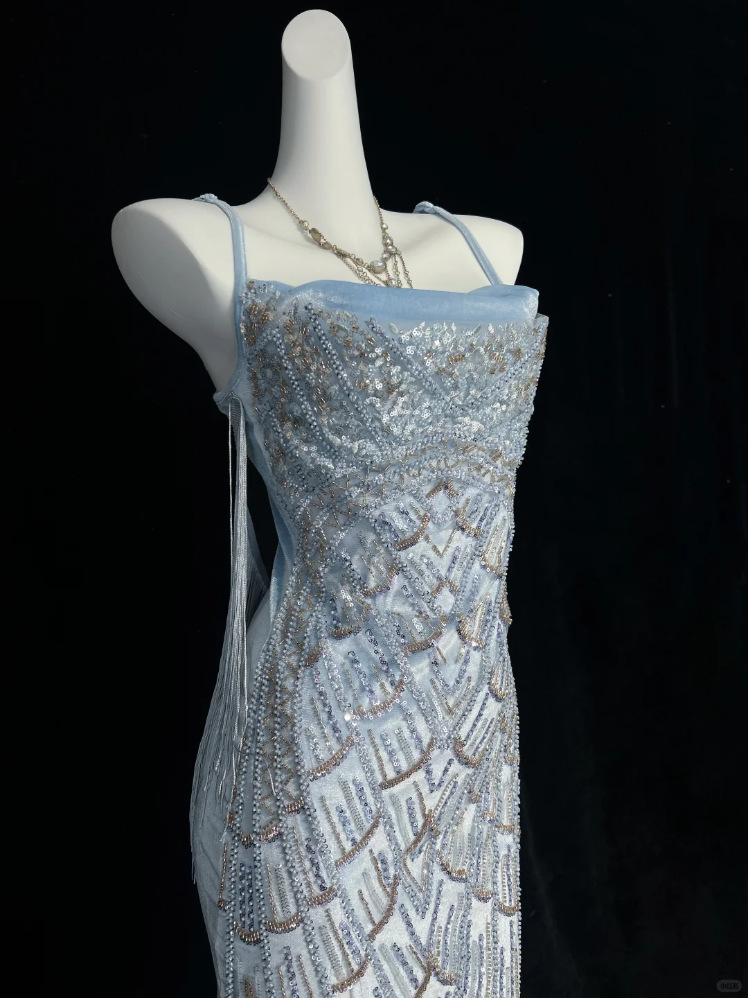 1920s Gatsby Style Ice Blue Spaghetti Straps Midi Formal Dress Heavy Hand Beading Geometric Scale Pattern With Side Ribbons NV6889