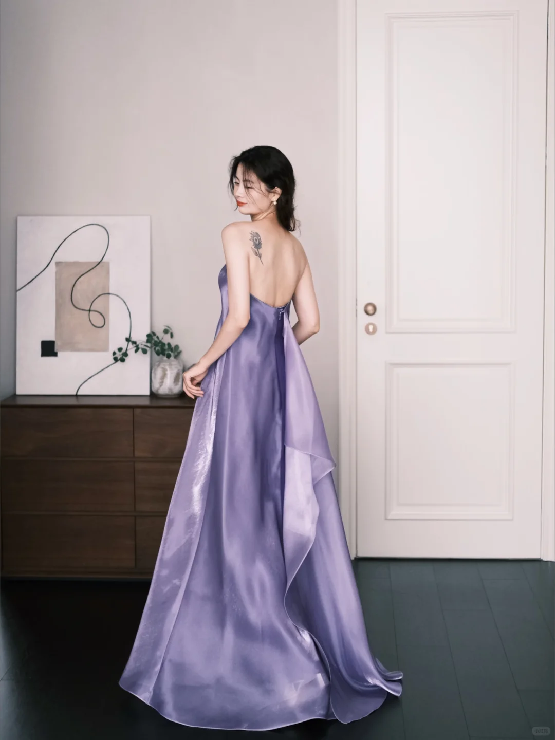 Lavender Strapless Satin Prom Dress Flowy Long Train Evening Gown NV7213