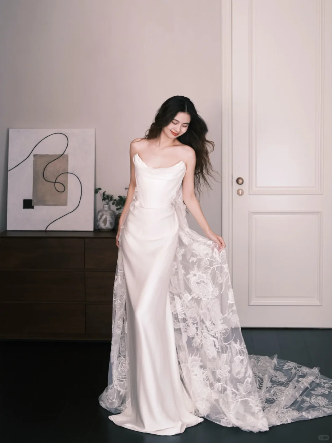Strapless Cowl Satin Mermaid Bridal Gown with Lace Train NV7338