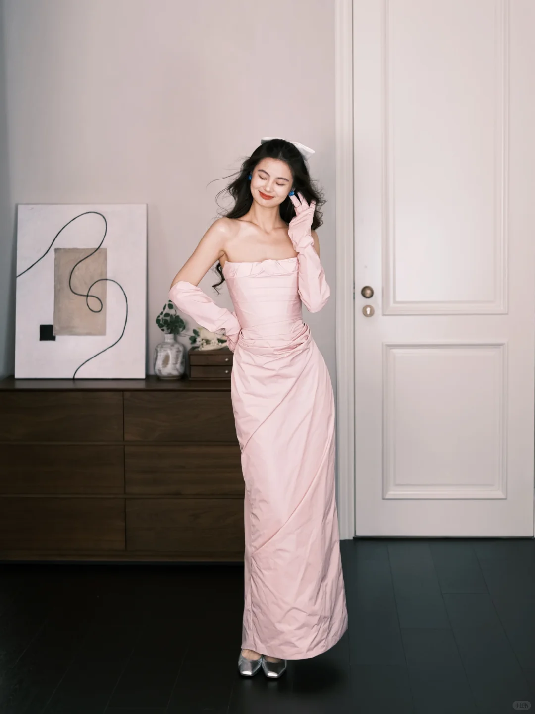 Blush Pink Strapless Ruched Evening Gown with Gloves NV7298
