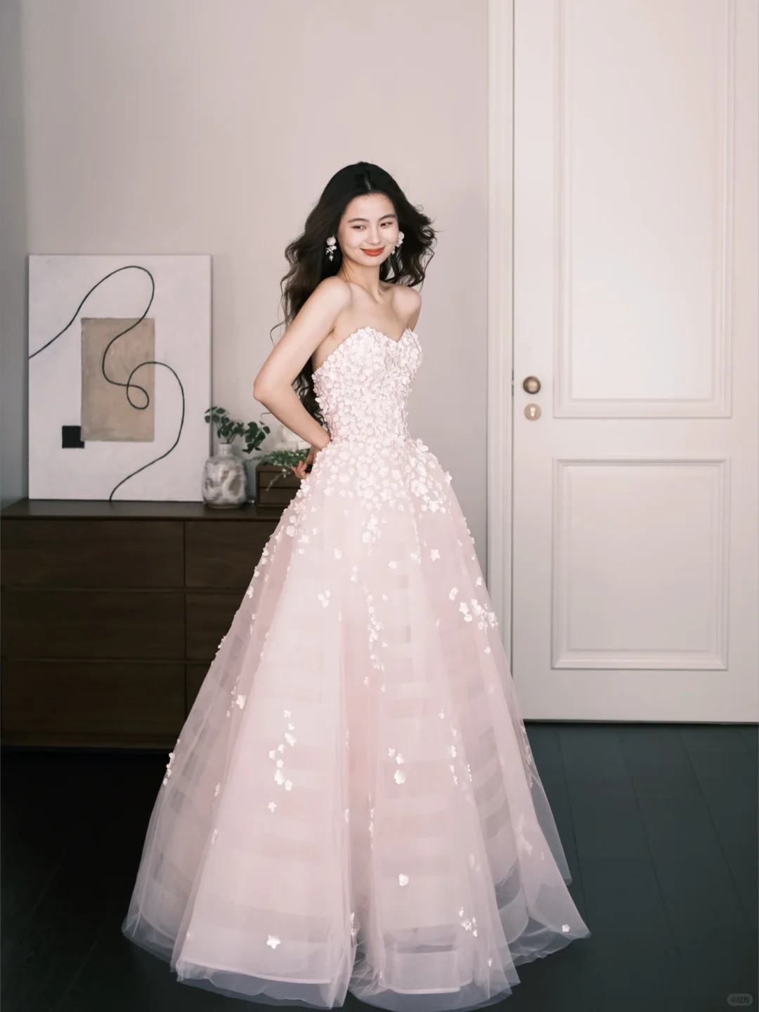 Sweetheart Strapless Pink Tulle Ball Gown, 3D Flower Beaded Princess Prom Dress NV7305