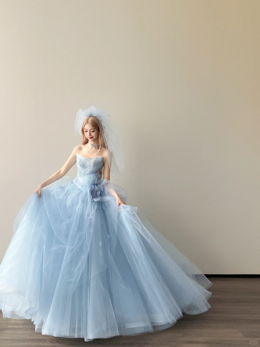 Light Ice Blue Strapless Prom Gown Beaded 3D Flower Multi-Layer Tulle A Line Evening Dress NV7150