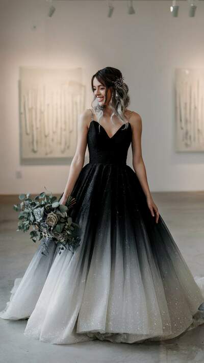 Starry Gradient Style Tulle Sequin Sleeveless V-Neck Train Ballgown Light Wedding Dress - Dark Fairy Tale Gown for Wedding & Art Exhibition NV6335