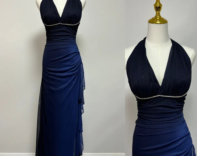 Blaues stilvolles, elegantes Chiffon-Ballkleid mit Farbverlauf und langen Trägern, Abendkleid, Partykleid nv3694