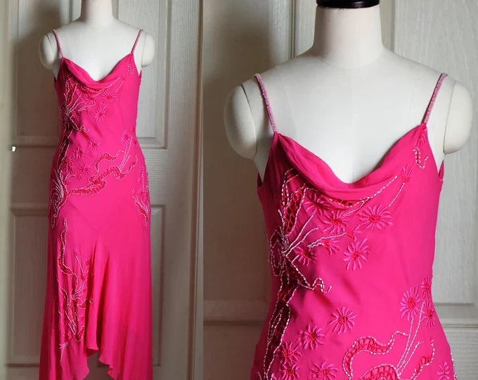 Pink Elegant Exquisite Beading Spaghetti Strap Long Chiffon Ball Gown Evening Dress Party Dress nv3674