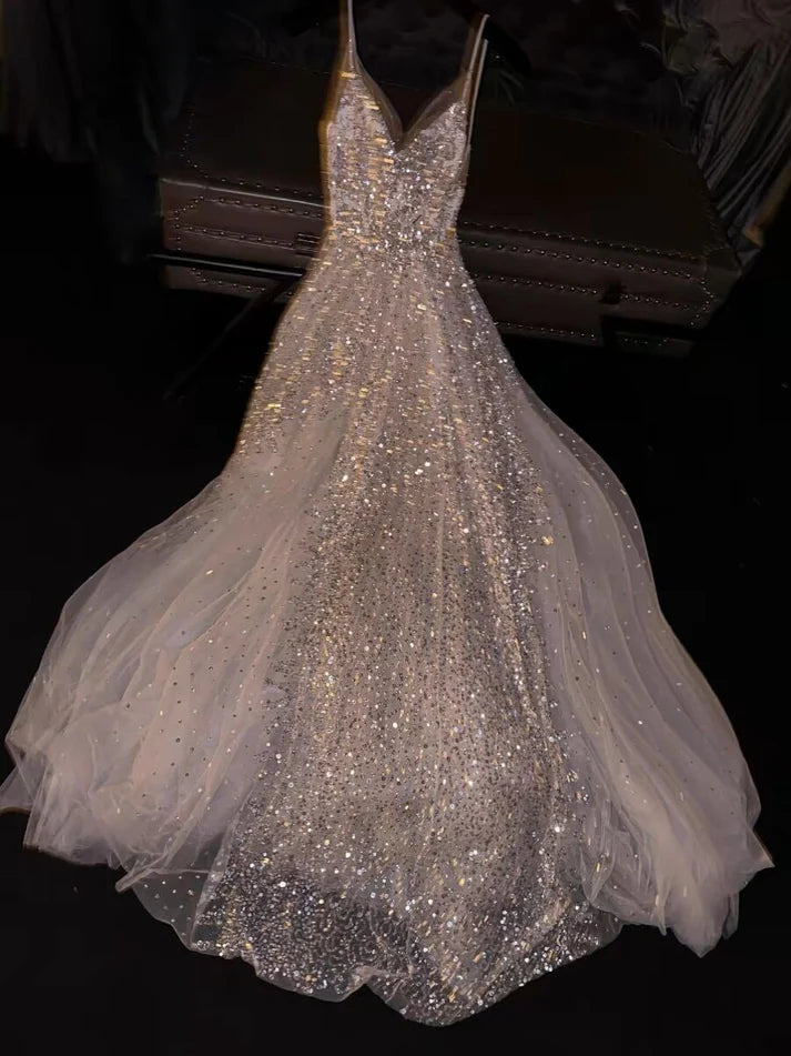 Robe de soirée longue blanche brillante et élégante, col en V, coupe trapèze, à paillettes, robe de bal, robe de soirée nv3480