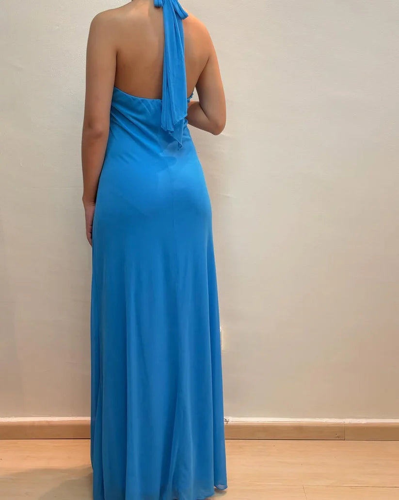 NiceVestidos--Sleeveless Sky - Blue Chiffon Halter A - line Floor - length Evening Dress NV5771