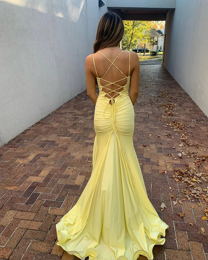 Yellow elegant fashion V-neck long satin mermaid slim fit slit sexy floor-length ball gown, evening dress, party dress nv3706