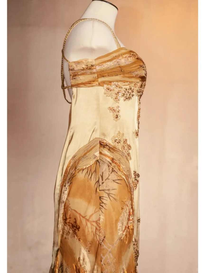 Gold Floral Elegant Long Satin Prom Dress Evening Dress Party Dress nv4696