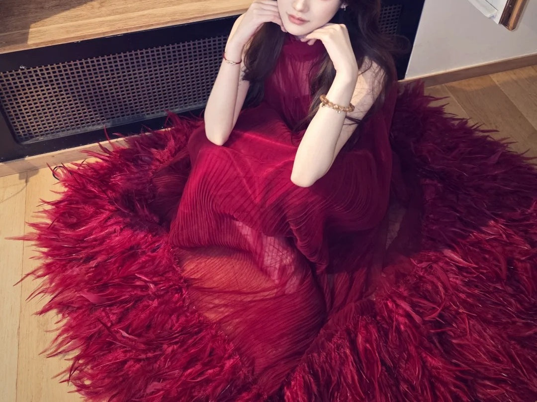 Red long chiffon fur formal Prom dress NV6575