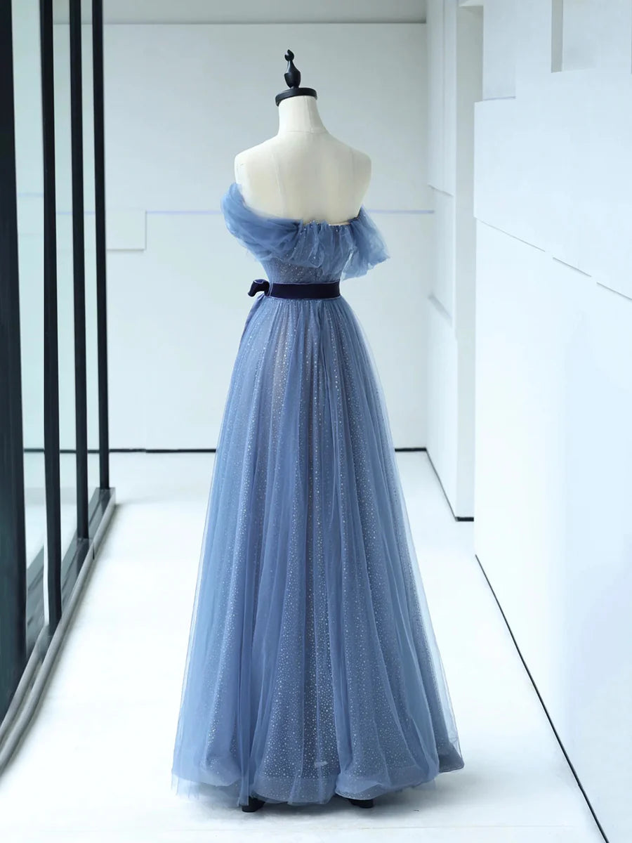 Robe de soirée longue en tulle bleu sans bretelles, robe de soirée trapèze bleue nv1427