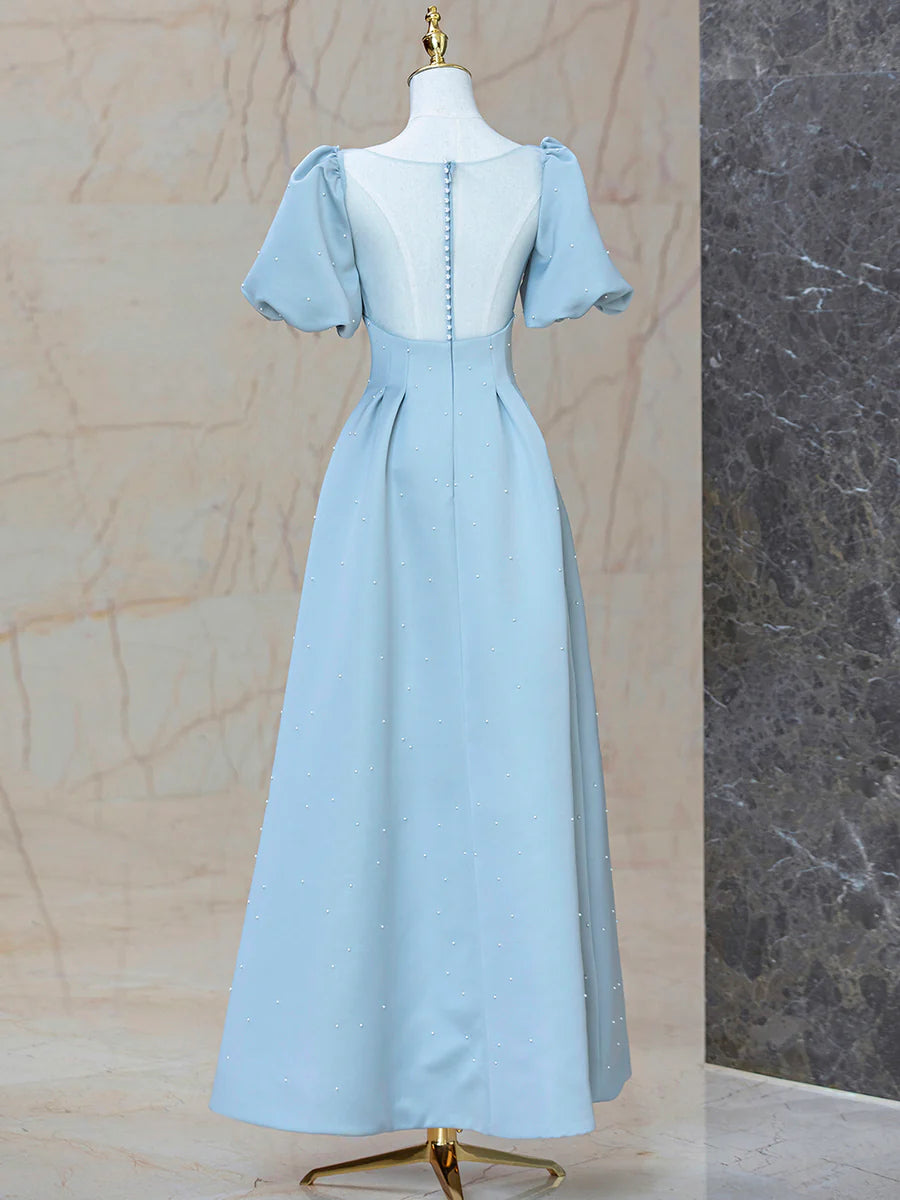 Robe de soirée longue en satin bleu avec perles, robe de soirée trapèze bleue nv1581