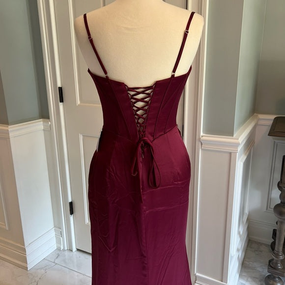 Burgundy elegant fashion new arrival exquisite corset long satin floor-length sexy slit ball gown evening dress party dress nv3647