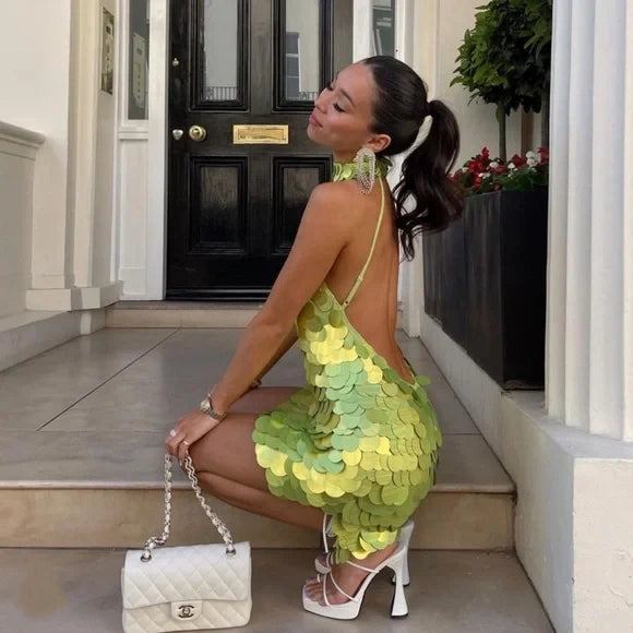 Green Fashion Halter Short Sequin Homecoming Dress Cocktail Party Dress nv4797