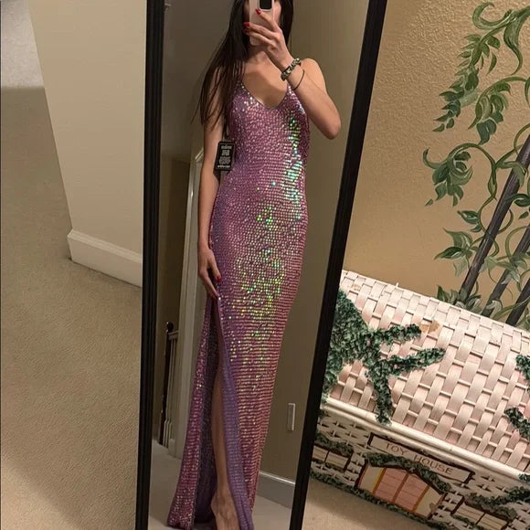 Robe de soirée longue à paillettes, rose, élégante, col en V, robe de bal, robe de fête d'anniversaire, robe de bal, nv3840