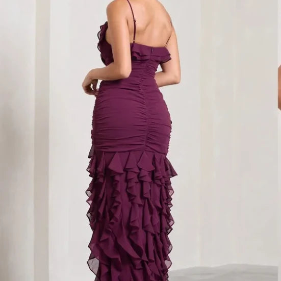 Lila Mode Elegant Spaghettiträger Lange Chiffon Rüschen Ballkleid Abendkleid Urlaub Partykleid Hochzeitsgast Kleid Ballkleid nv3826