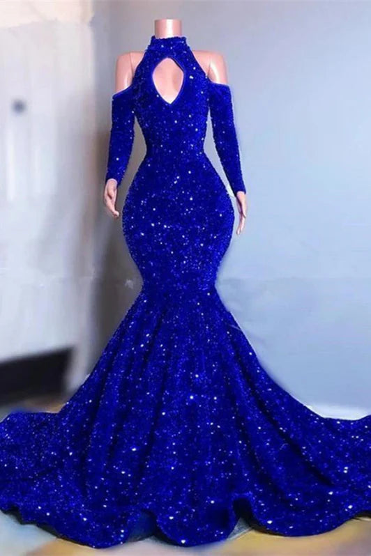 NiceVestidos-_Royal Blue Glamorous Off-The-Shoulder Sequined Long-Sleeved Floor-Length Ball Gown NV6061