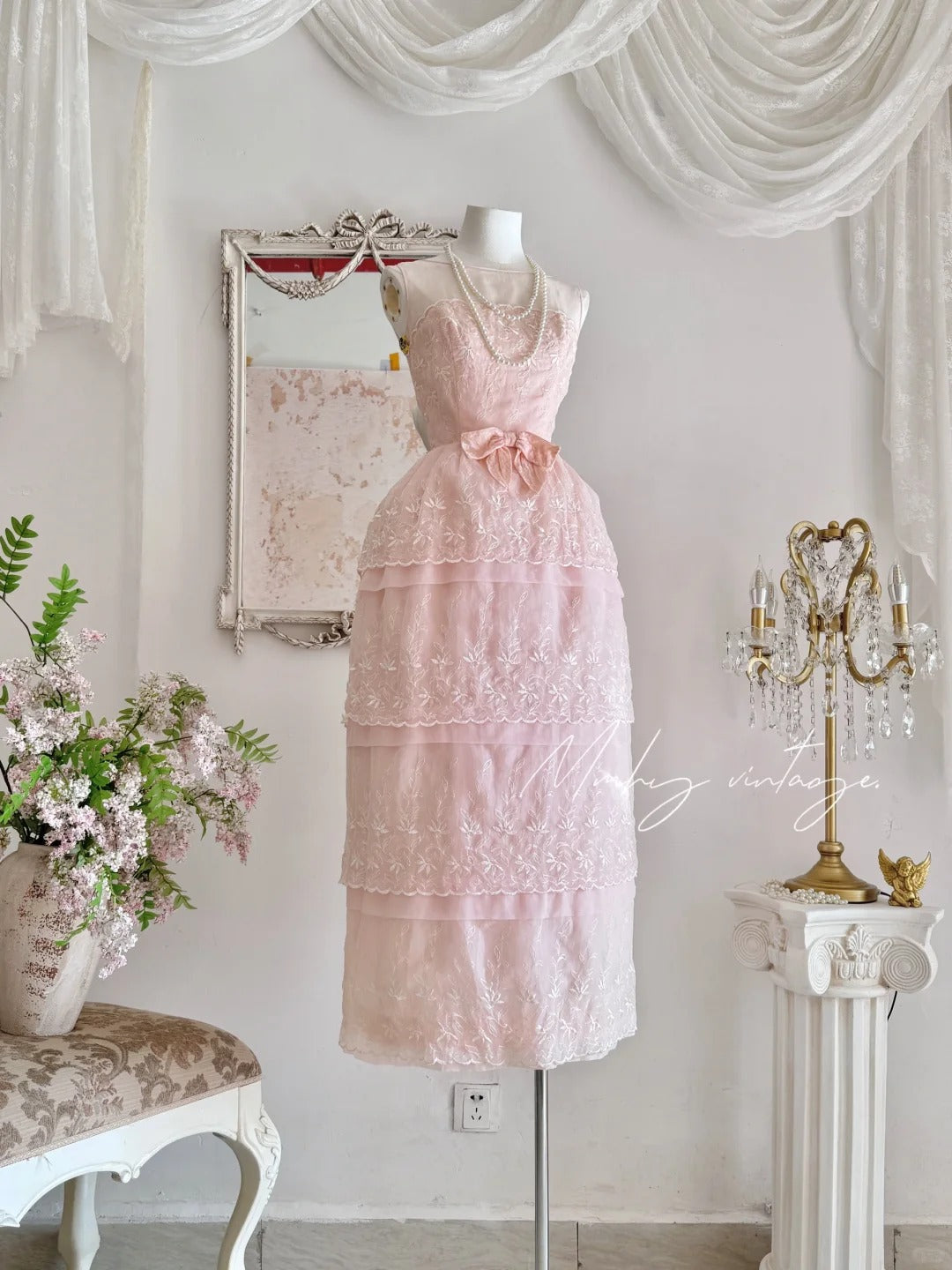 Pink retro cute fashion elegant embroidered flower bud dress long waist tulle velvet bow embellishment cake skirt ball dress evening dress prom dress nv4087