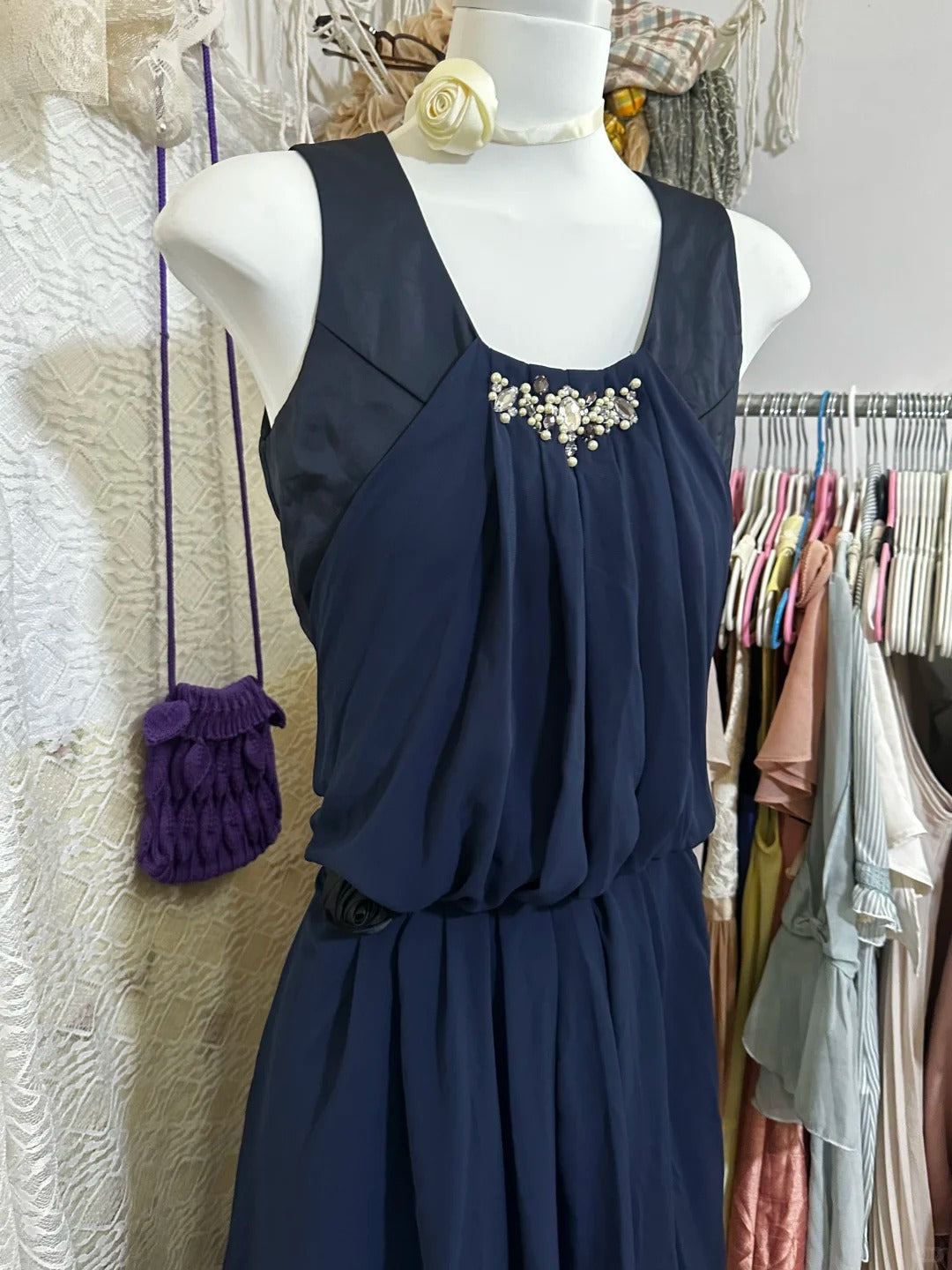 Robe de soirée courte en mousseline de soie bleu marine vintage, robe de soirée d'anniversaire nv5091