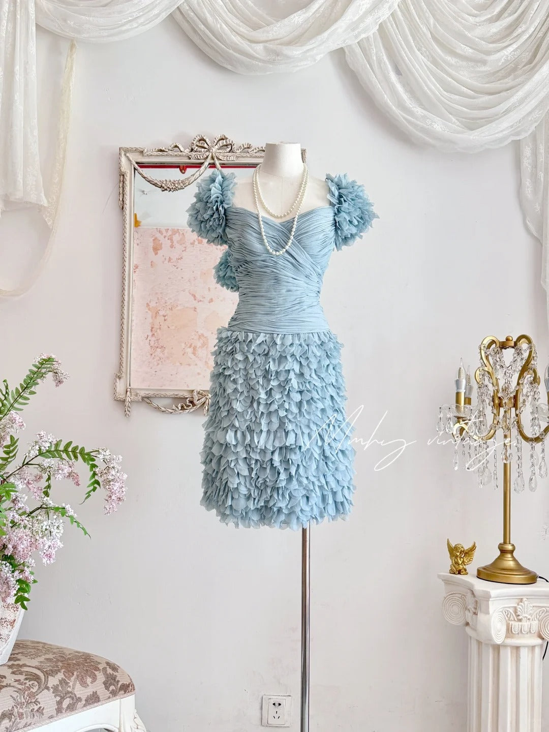 Haze blue retro sweet cute fashion pleated heavy feather tulle gauze small dress short prom dress evening dress birthday party dress nv4089