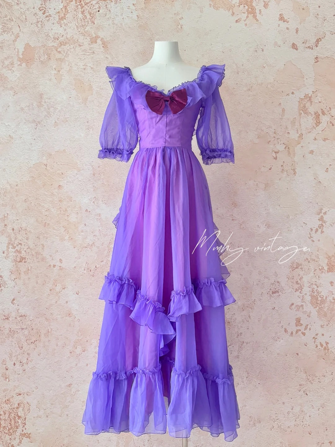 Grape Purple Retro Fashion Cute Puff Sleeves Wood Ear Edge Long Tulle Chiffon Ball Gown Evening Gown Birthday Adult Ceremony Party Gown nv4093