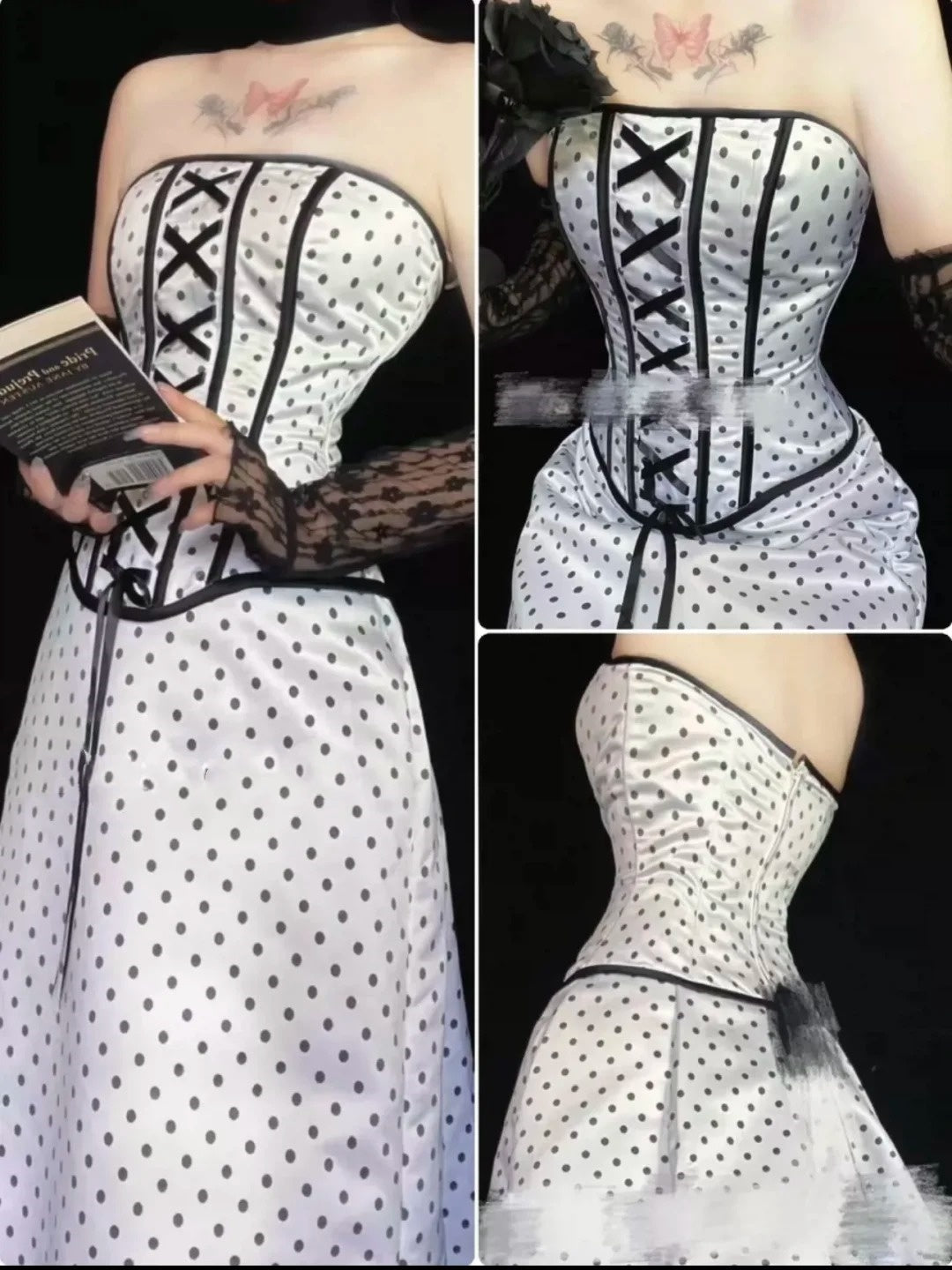 Black and white classic polka dot retro fashion A-line skirt bow tie long floor-length trailing tulle chiffon ball gown evening dress birthday adult ceremony party dress nv4092