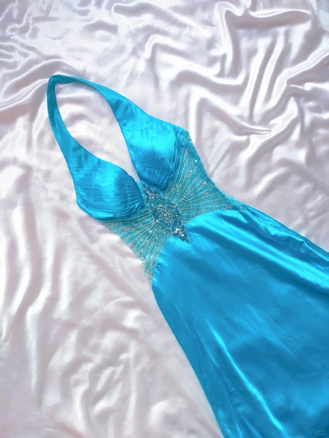 Blue exquisite beaded elegant long satin prom dress evening gown nv5238