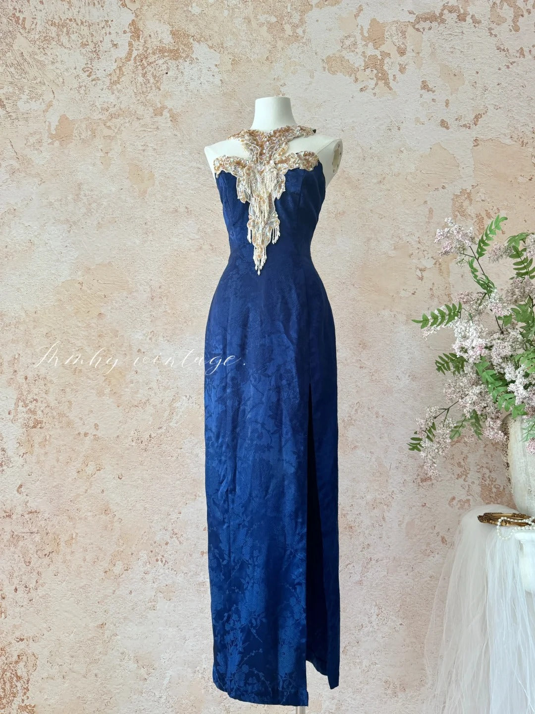 Blue Retro Elegant Halter Neck Exquisite Sequins Pearl Tassel Long Slim Sexy Prom Dress Evening Dress Adult Ceremony Dress Birthday Dress Prom Dress nv4098